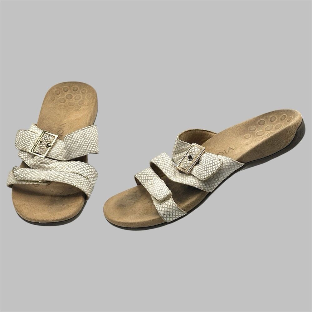 Vionic Skylar Snakeskin Cream Adjustable Orthotic Slide Sandals Womens Size 8